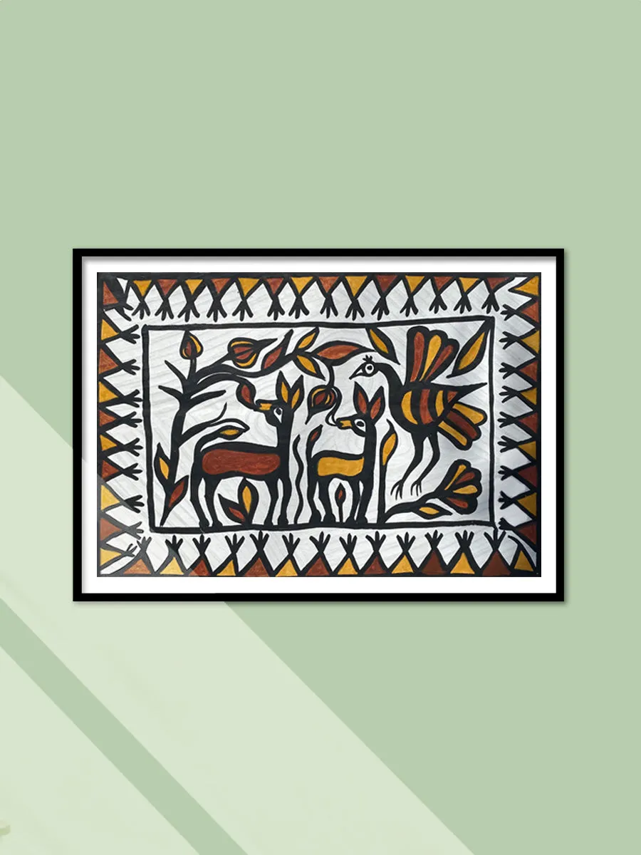 Deers and Peacock in Sohrai by Manikchand Mahto