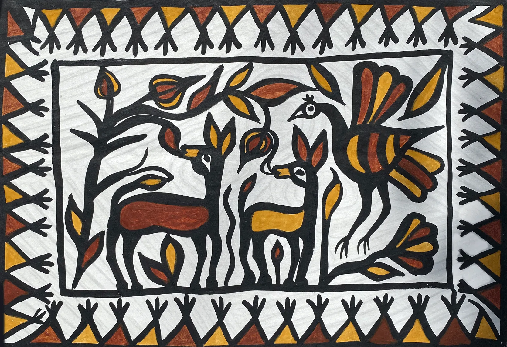 Deers and Peacock in Sohrai by Manikchand Mahto