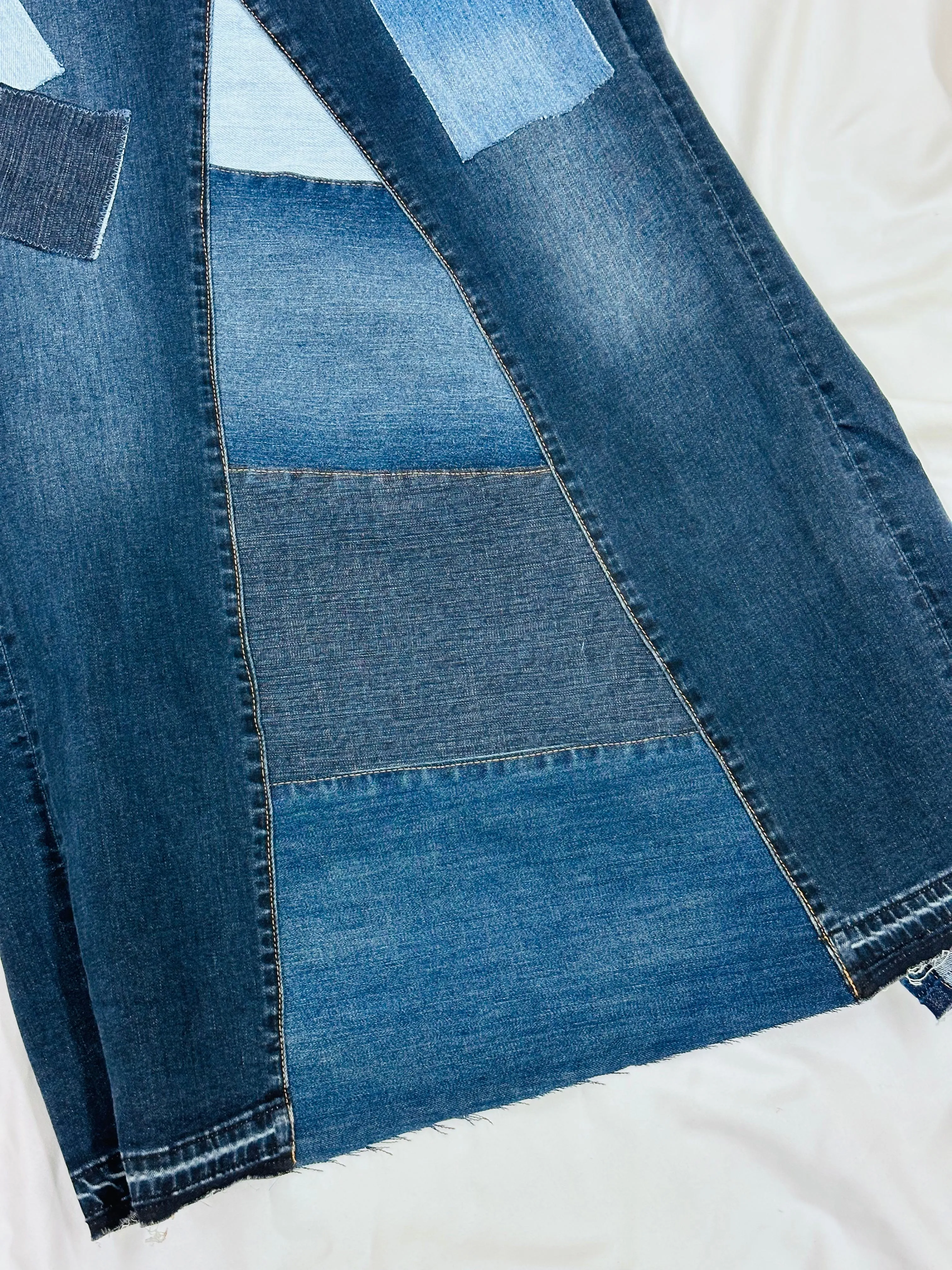 designer dark patched denim maxi skirt, [8/29]