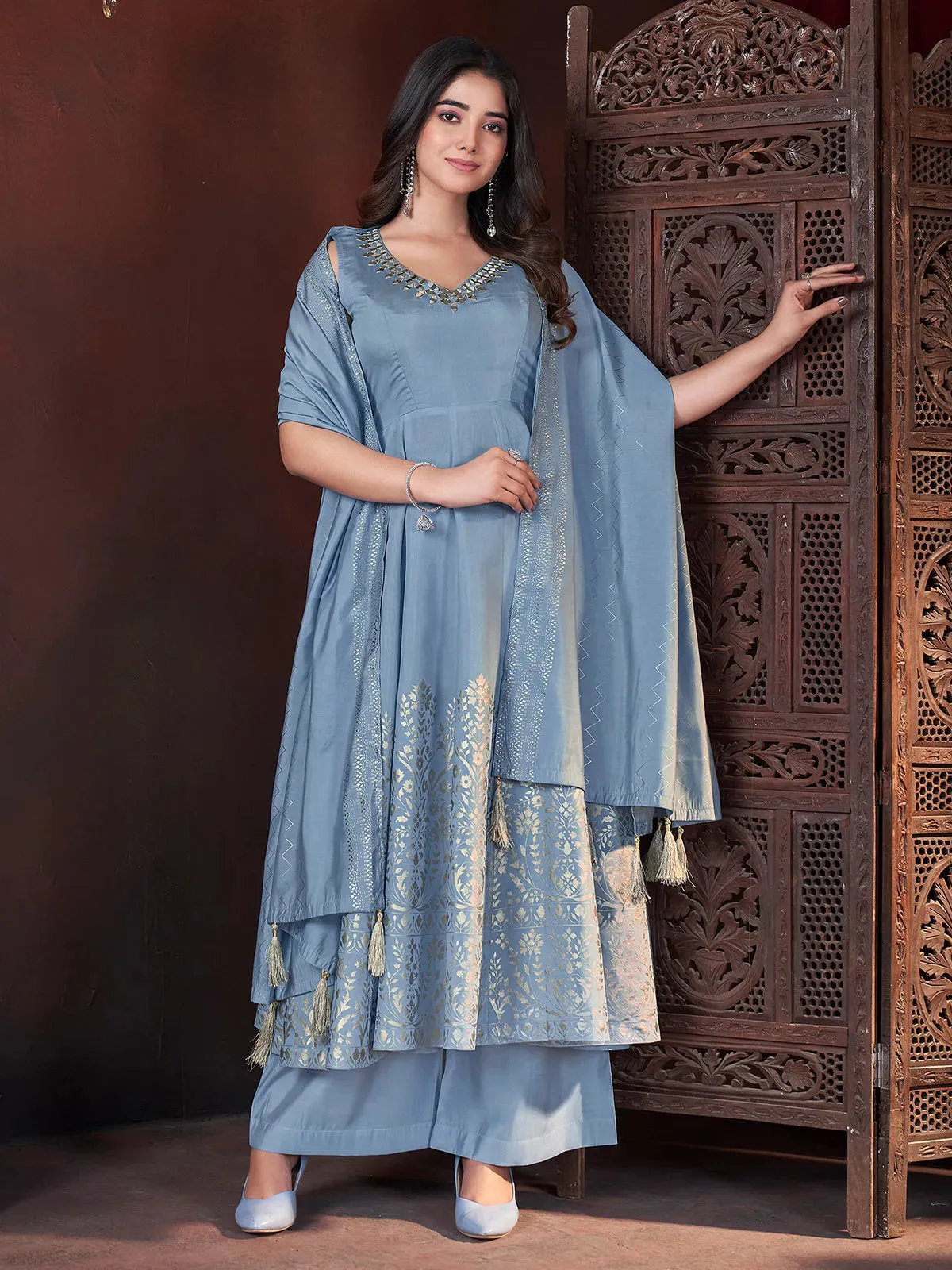 Designer Sky Blue Foil Print Kurti Set with Mirror Work