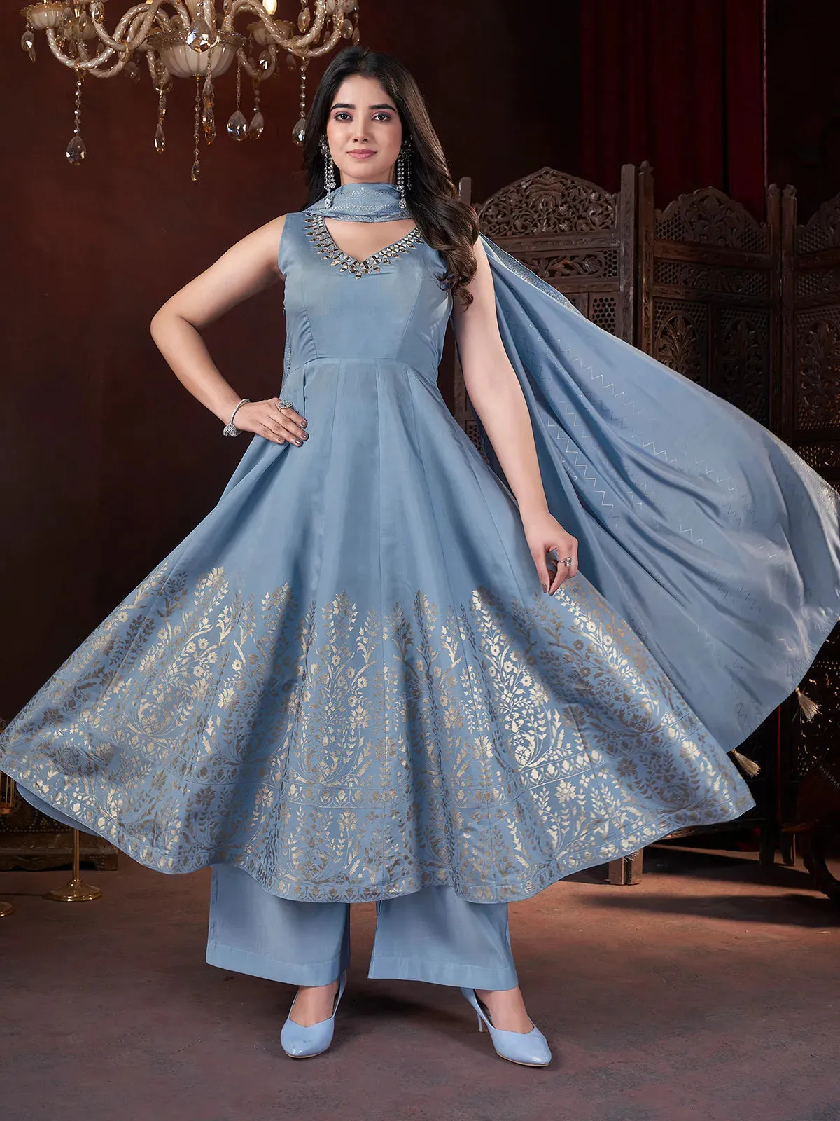 Designer Sky Blue Foil Print Kurti Set with Mirror Work
