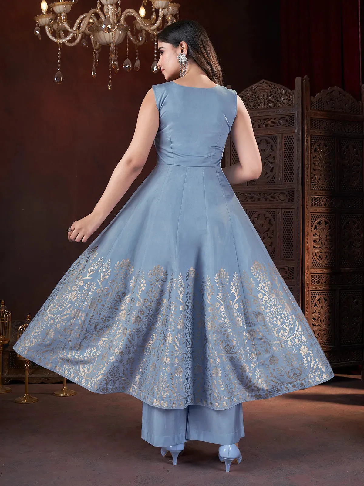 Designer Sky Blue Foil Print Kurti Set with Mirror Work