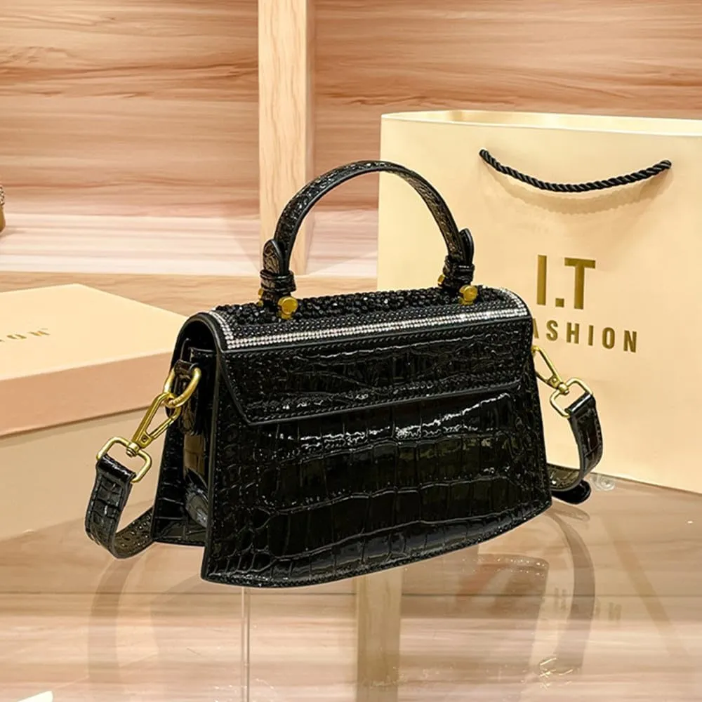 Diamonds Women Handbags Genuine Leather Top Handle Satchel Purses Party Shoulder Evening Bag Crocodile Pattern Tote Bags