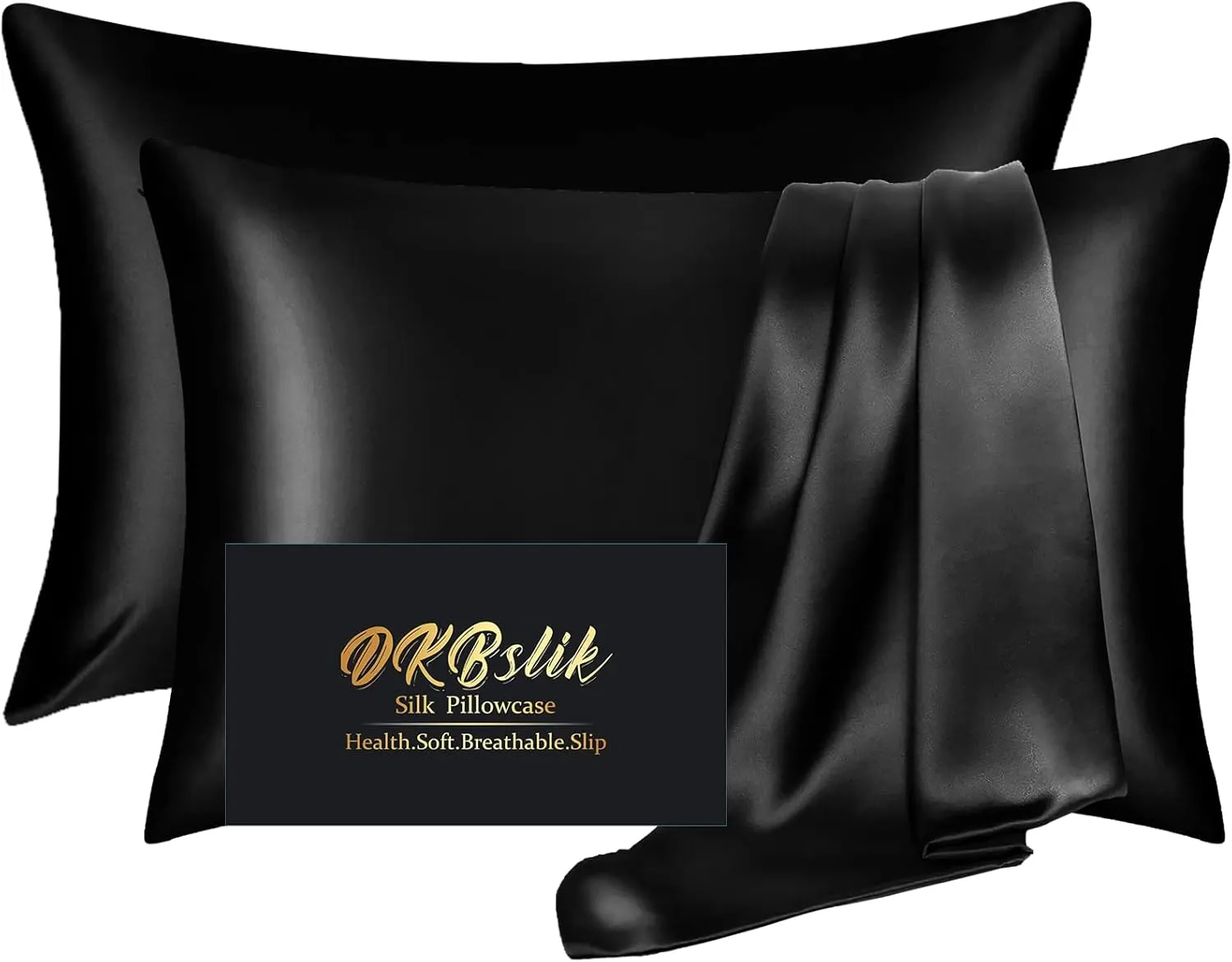 DKBslik Silk Pillowcase 2 Pack,Mulberry Pillow Cases Queen Size Set of 2,Anti Acne for Hair and Skin,Natural Satin Pillowcases Gifts Women Men Pack with Zipper,Black, Black-2pcs
