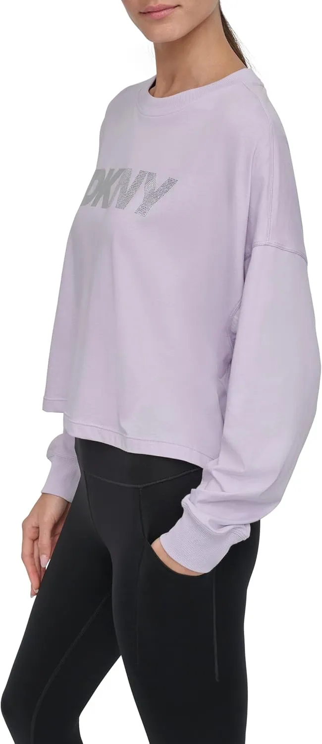 DKNY womens Foil Rhinestone Logo Long Sleeve Crewneck T-shirt