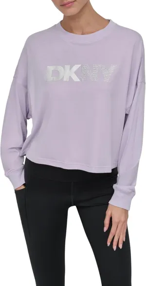 DKNY womens Foil Rhinestone Logo Long Sleeve Crewneck T-shirt