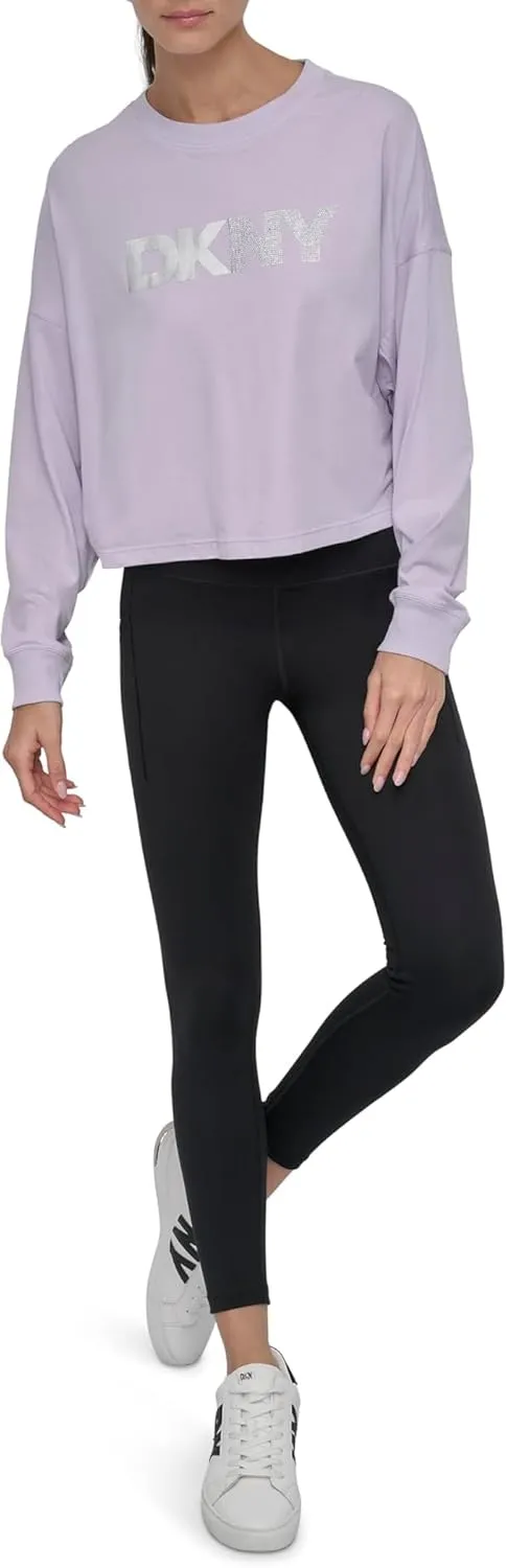 DKNY womens Foil Rhinestone Logo Long Sleeve Crewneck T-shirt