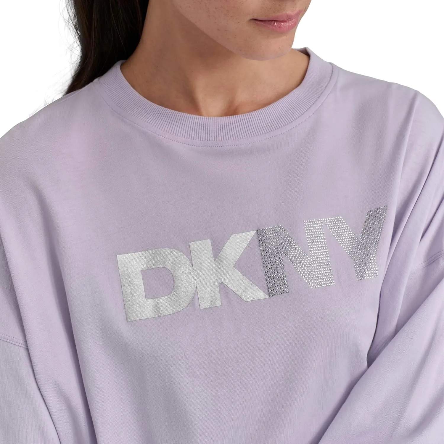 DKNY womens Foil Rhinestone Logo Long Sleeve Crewneck T-shirt