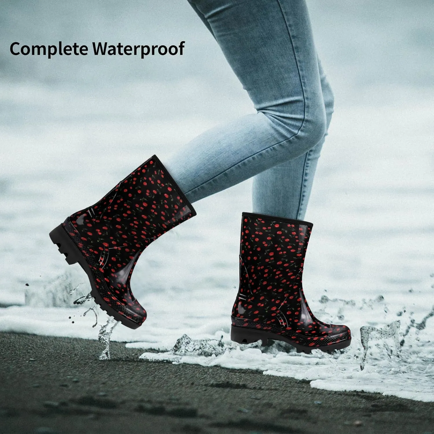 DKSUKO Waterproof Womens Rain Boots insulated,Lightweight Rubber fashion Boots in Gardening,Warm and Comfortable Wide Calf Rain Boots with Glossy in Outdoor
