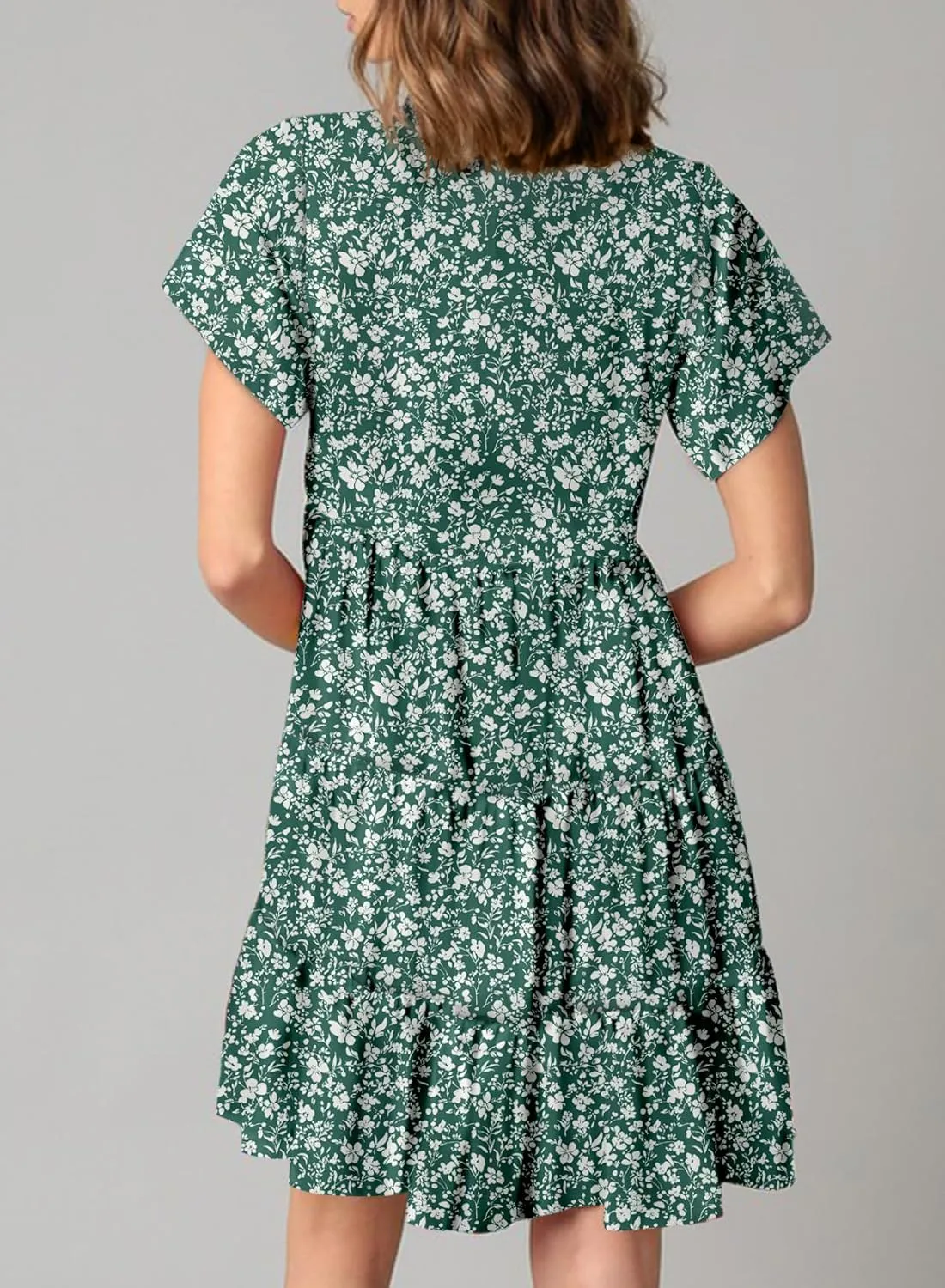 Dokotoo Womens Summer Casual Boho Floral Dresses V Neck Short Sleeve Sundresses Flowy Swing A-Line Mini Dress