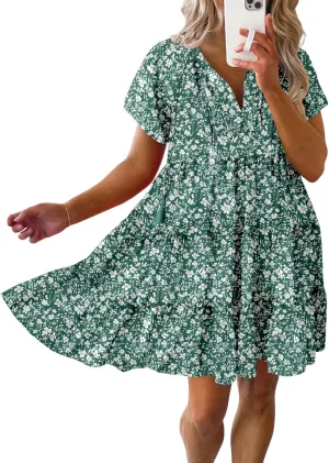Dokotoo Womens Summer Casual Boho Floral Dresses V Neck Short Sleeve Sundresses Flowy Swing A-Line Mini Dress