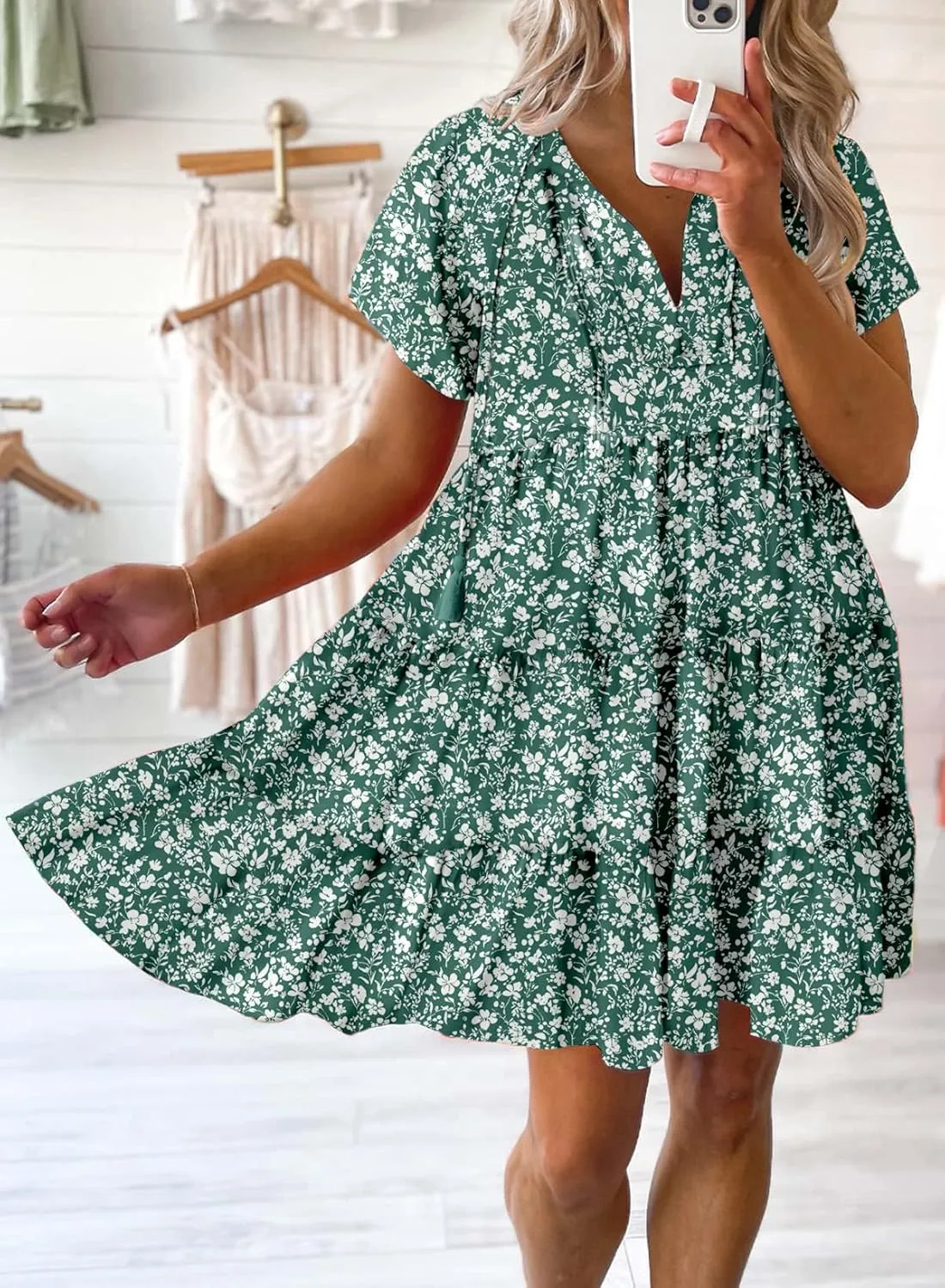 Dokotoo Womens Summer Casual Boho Floral Dresses V Neck Short Sleeve Sundresses Flowy Swing A-Line Mini Dress