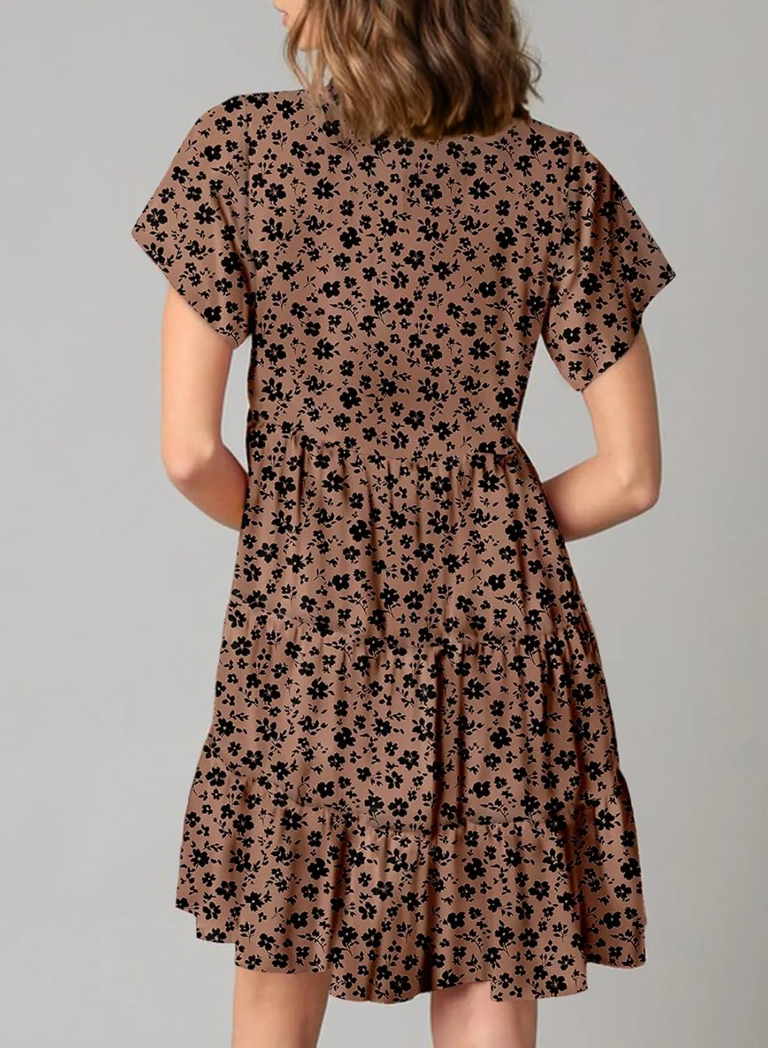 Dokotoo Womens Summer Casual Boho Floral Dresses V Neck Short Sleeve Sundresses Flowy Swing A-Line Mini Dress
