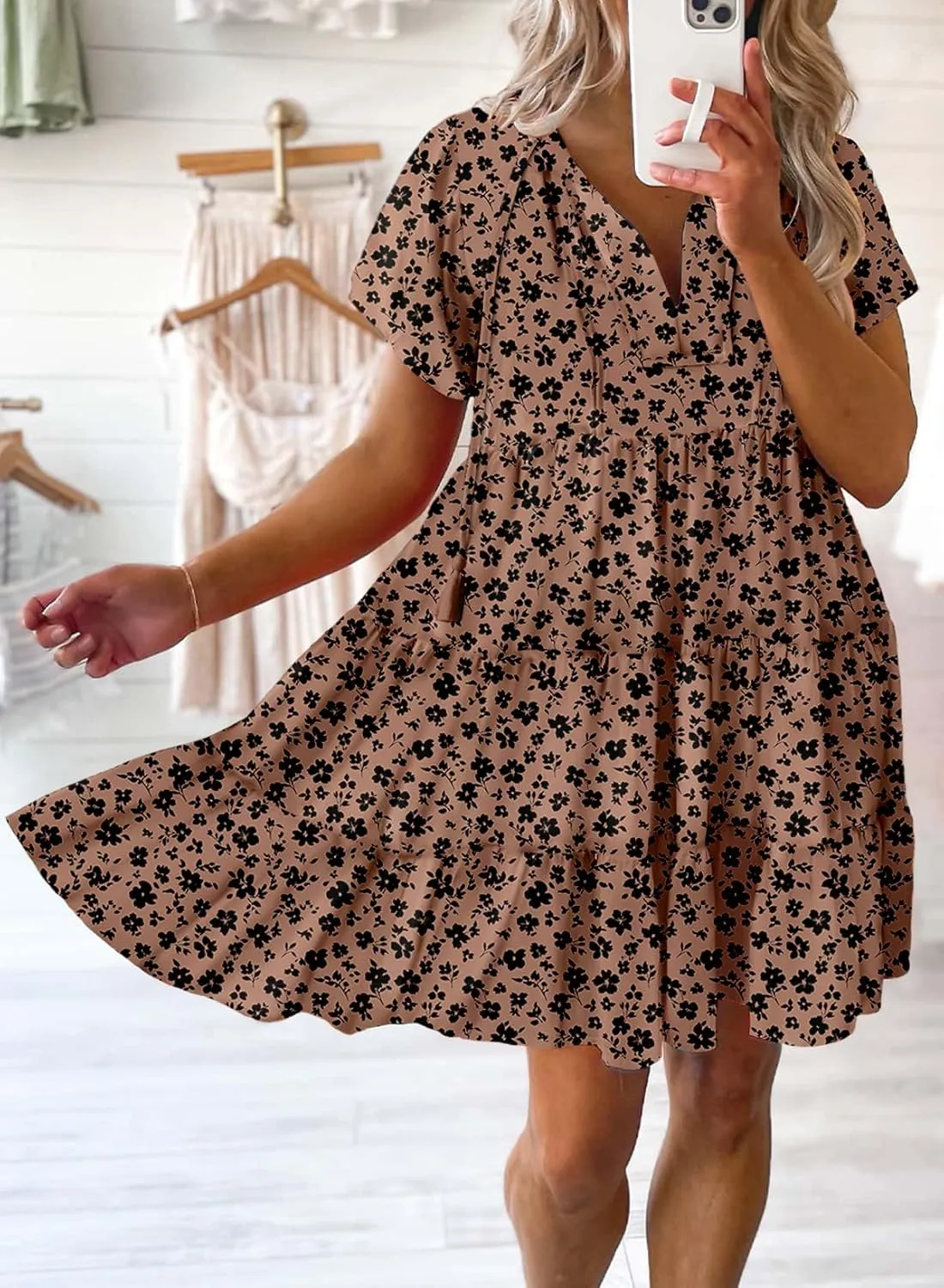 Dokotoo Womens Summer Casual Boho Floral Dresses V Neck Short Sleeve Sundresses Flowy Swing A-Line Mini Dress