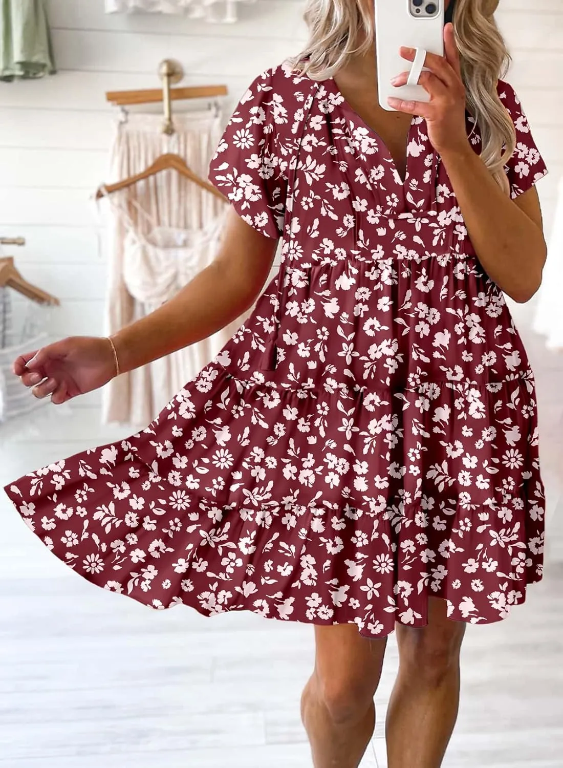 Dokotoo Womens Summer Casual Boho Floral Dresses V Neck Short Sleeve Sundresses Flowy Swing A-Line Mini Dress