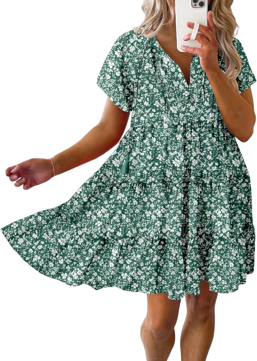 Dokotoo Womens Summer Casual Boho Floral Dresses V Neck Short Sleeve Sundresses Flowy Swing A-Line Mini Dress
