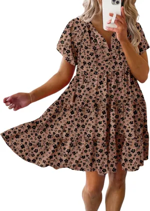 Dokotoo Womens Summer Casual Boho Floral Dresses V Neck Short Sleeve Sundresses Flowy Swing A-Line Mini Dress