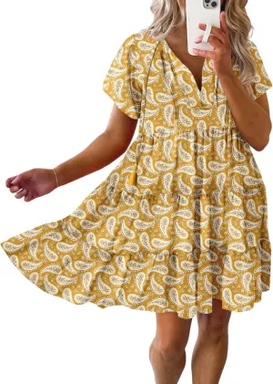 Dokotoo Womens Summer Casual Boho Floral Dresses V Neck Short Sleeve Sundresses Flowy Swing A-Line Mini Dress