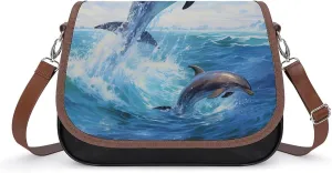 Dolphins Jump from The Sea Women's Crossbody Bag Small Shoulder Handbags Tote Bag with Adjustable Strap Fashion Gift