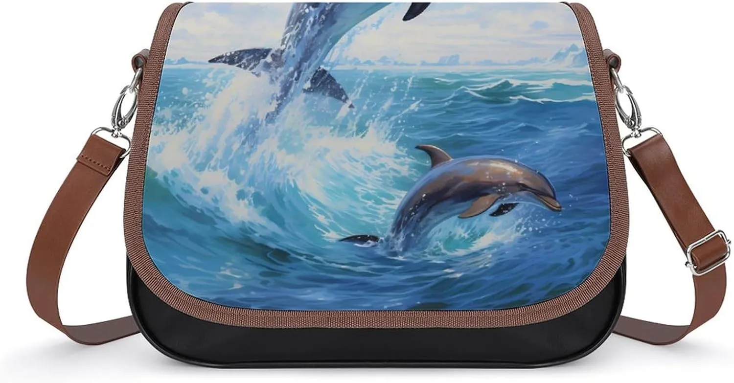 Dolphins Jump from The Sea Women's Crossbody Bag Small Shoulder Handbags Tote Bag with Adjustable Strap Fashion Gift