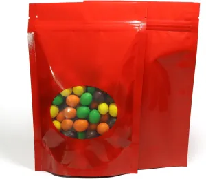 Double-Sided Matte/Glossy Color with Clear Round Window Stand-Up Pouch (100 Bags/Pack) (4.7" x 7.1", Glossy Red)