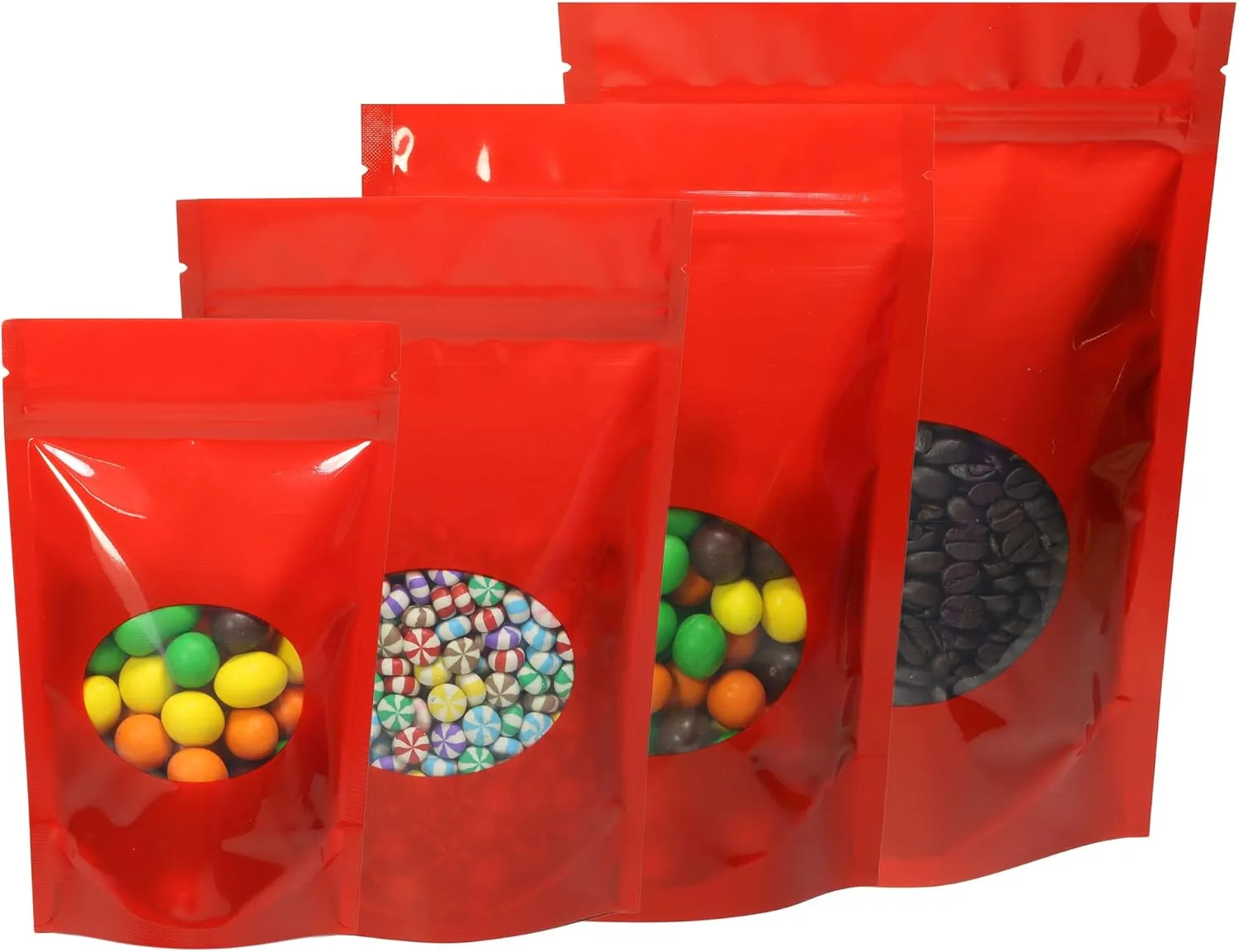 Double-Sided Matte/Glossy Color with Clear Round Window Stand-Up Pouch (100 Bags/Pack) (4.7" x 7.1", Glossy Red)