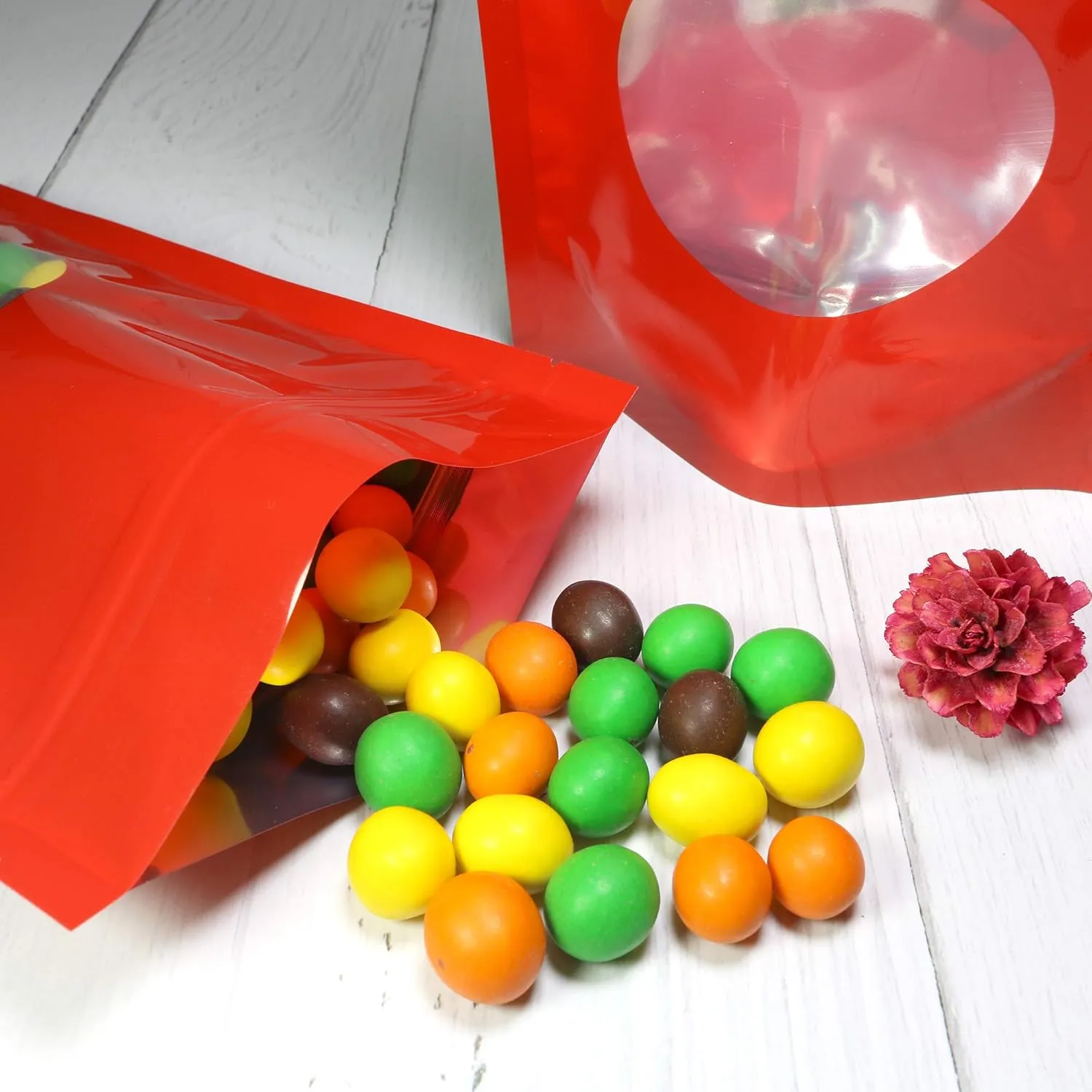 Double-Sided Matte/Glossy Color with Clear Round Window Stand-Up Pouch (100 Bags/Pack) (4.7" x 7.1", Glossy Red)