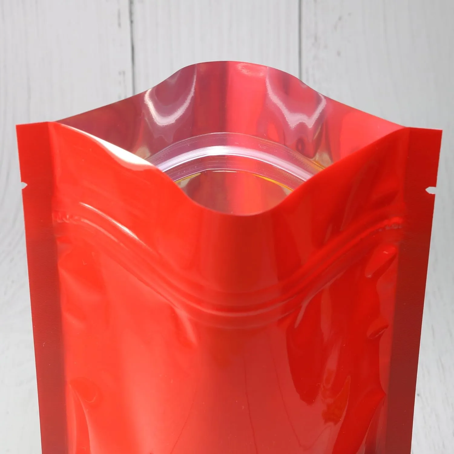 Double-Sided Matte/Glossy Color with Clear Round Window Stand-Up Pouch (100 Bags/Pack) (4.7" x 7.1", Glossy Red)