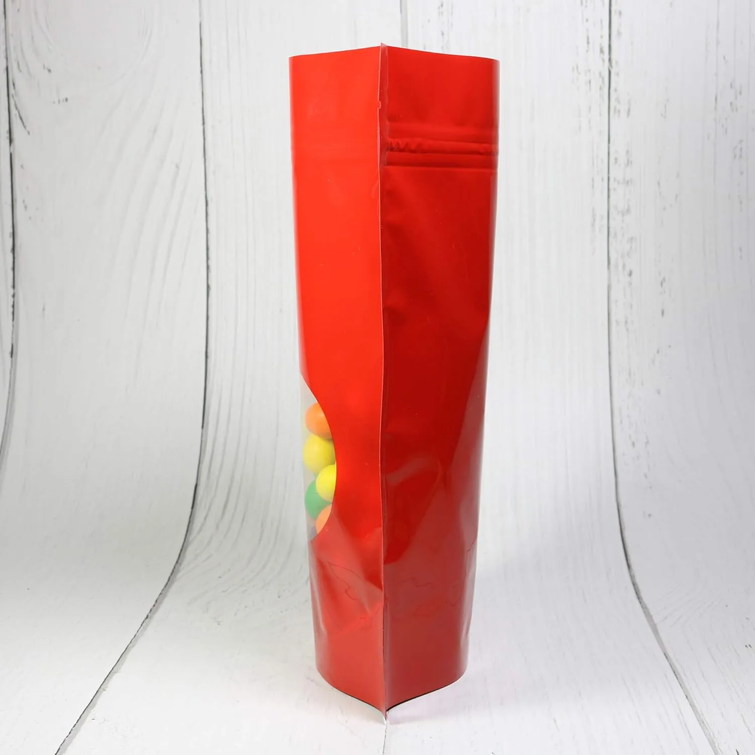 Double-Sided Matte/Glossy Color with Clear Round Window Stand-Up Pouch (100 Bags/Pack) (4.7" x 7.1", Glossy Red)