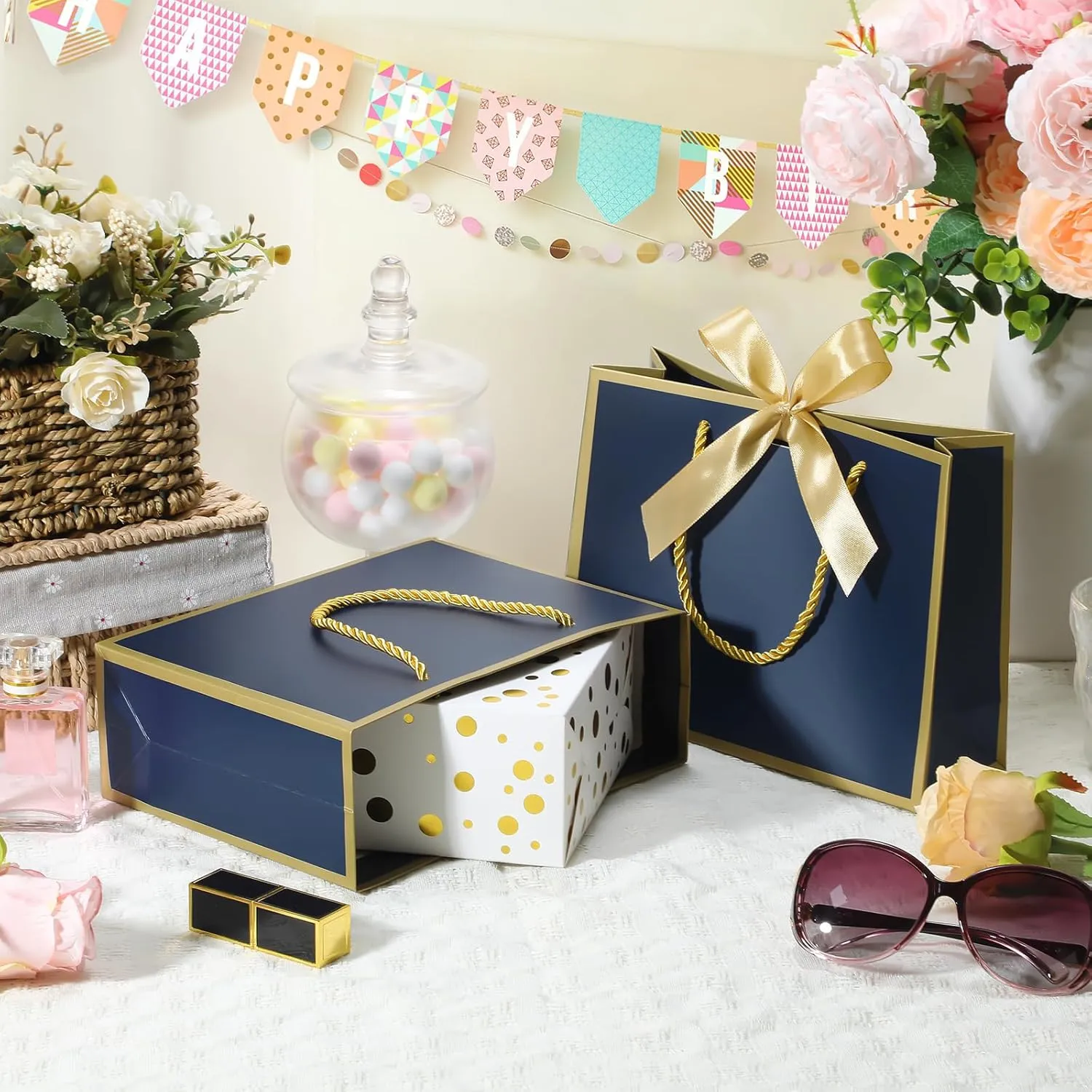 DOYIDE 12 Pcs Thank You Gift Bags with Handles, 9x7x3.1in Paper Gift Bags with Bow Ribbon, Blue Party Favor Bags for Any Birthday Wedding Baby Shower Bridesmaid Party Medium Gift Wrap Bags