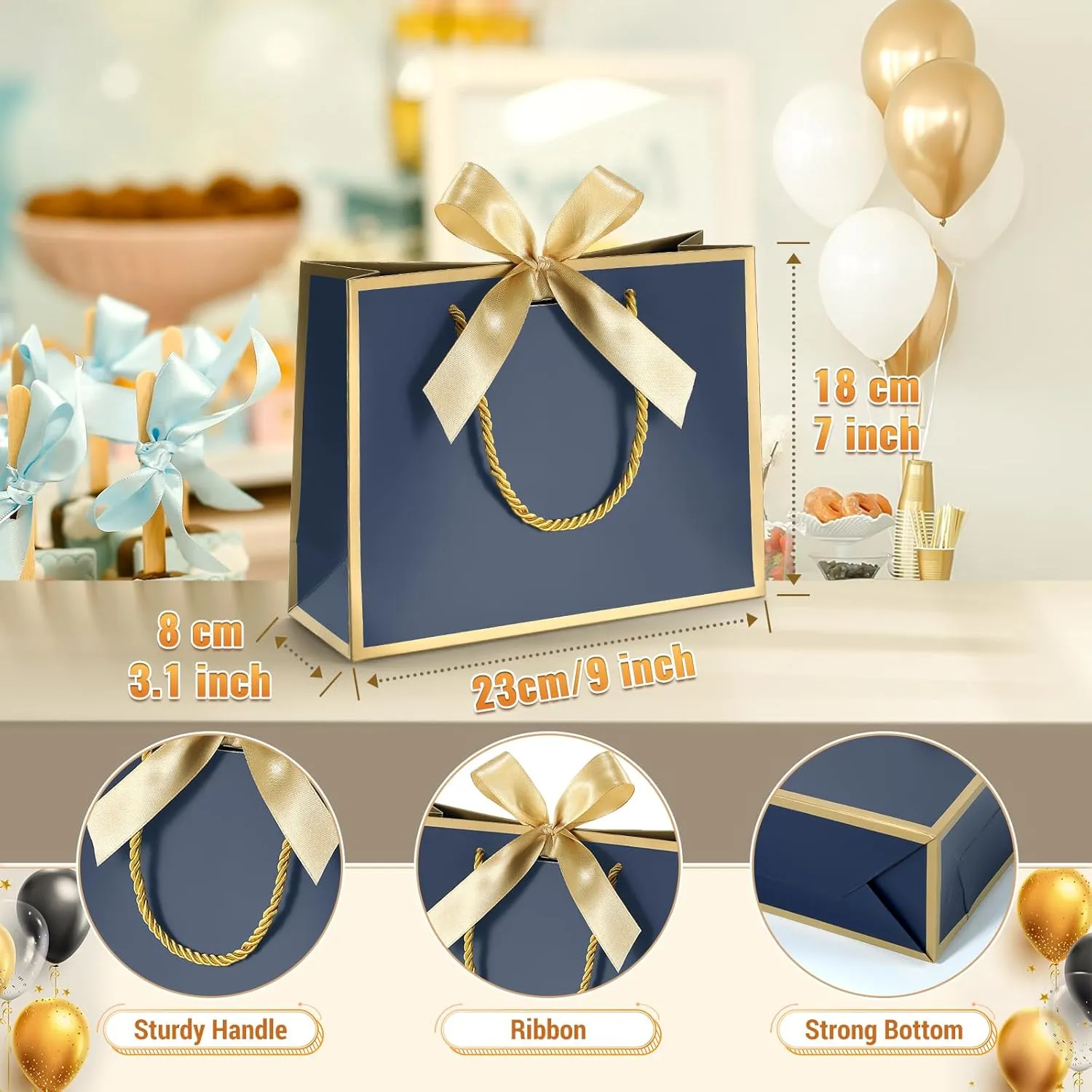 DOYIDE 12 Pcs Thank You Gift Bags with Handles, 9x7x3.1in Paper Gift Bags with Bow Ribbon, Blue Party Favor Bags for Any Birthday Wedding Baby Shower Bridesmaid Party Medium Gift Wrap Bags