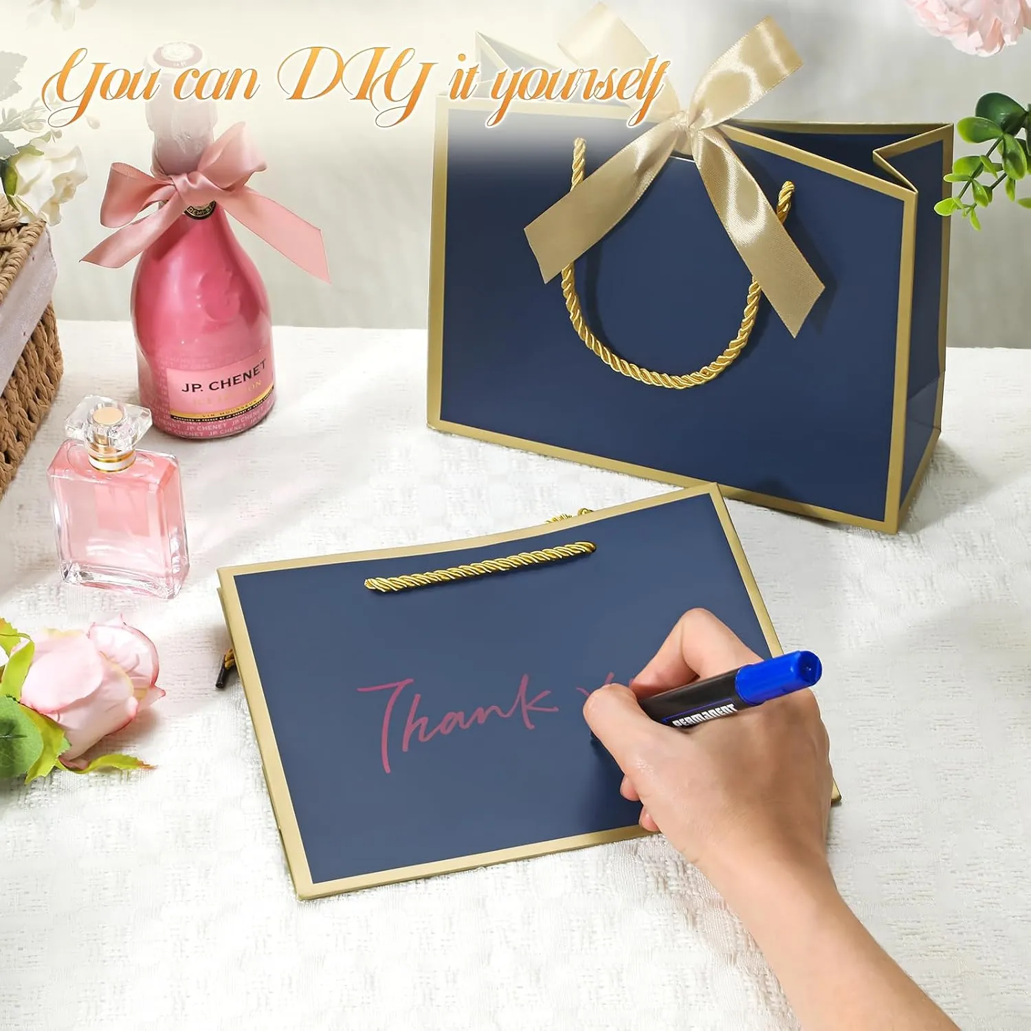 DOYIDE 12 Pcs Thank You Gift Bags with Handles, 9x7x3.1in Paper Gift Bags with Bow Ribbon, Blue Party Favor Bags for Any Birthday Wedding Baby Shower Bridesmaid Party Medium Gift Wrap Bags