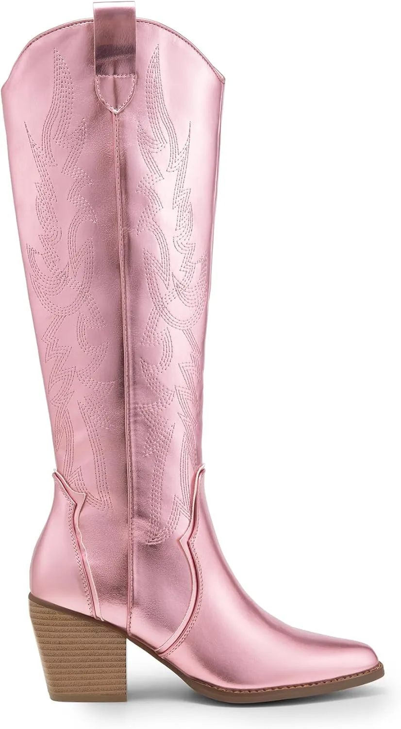 DREAM PAIRS Womens Cowboy Boots Wide Calf Comfortable Pull On Zipper Chunky Heel Pointed Toe Embroidered Western Cowgirl Knee High Boots Girls Ladies Retro Tall Boot