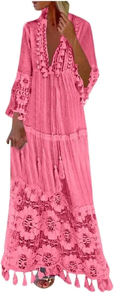 Dresses for Women Maxi Long Sleeve V Neck Lace Bohemian Maxi Dress Vintage Fashion Boho Floral Print Long Dress Party