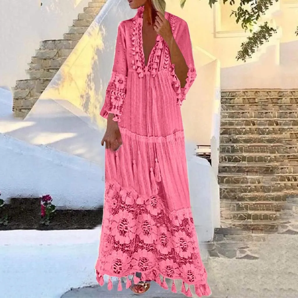 Dresses for Women Maxi Long Sleeve V Neck Lace Bohemian Maxi Dress Vintage Fashion Boho Floral Print Long Dress Party