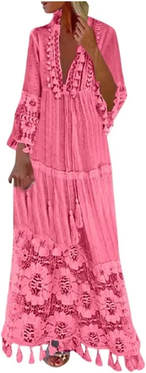 Dresses for Women Maxi Long Sleeve V Neck Lace Bohemian Maxi Dress Vintage Fashion Boho Floral Print Long Dress Party