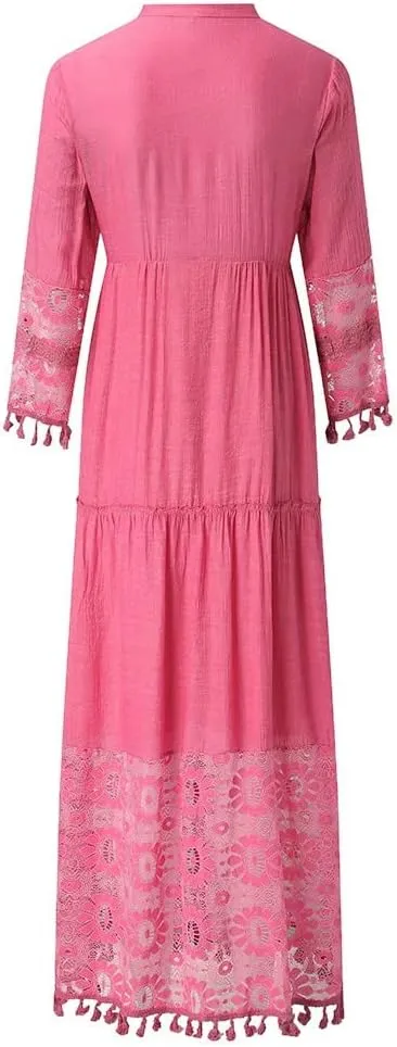Dresses for Women Maxi Long Sleeve V Neck Lace Bohemian Maxi Dress Vintage Fashion Boho Floral Print Long Dress Party
