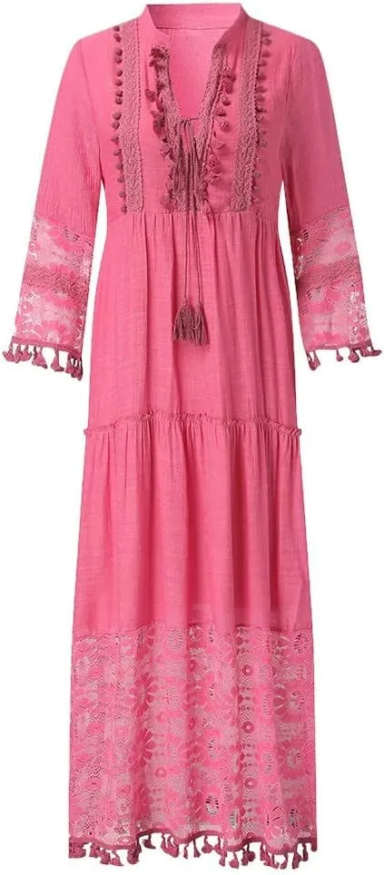 Dresses for Women Maxi Long Sleeve V Neck Lace Bohemian Maxi Dress Vintage Fashion Boho Floral Print Long Dress Party