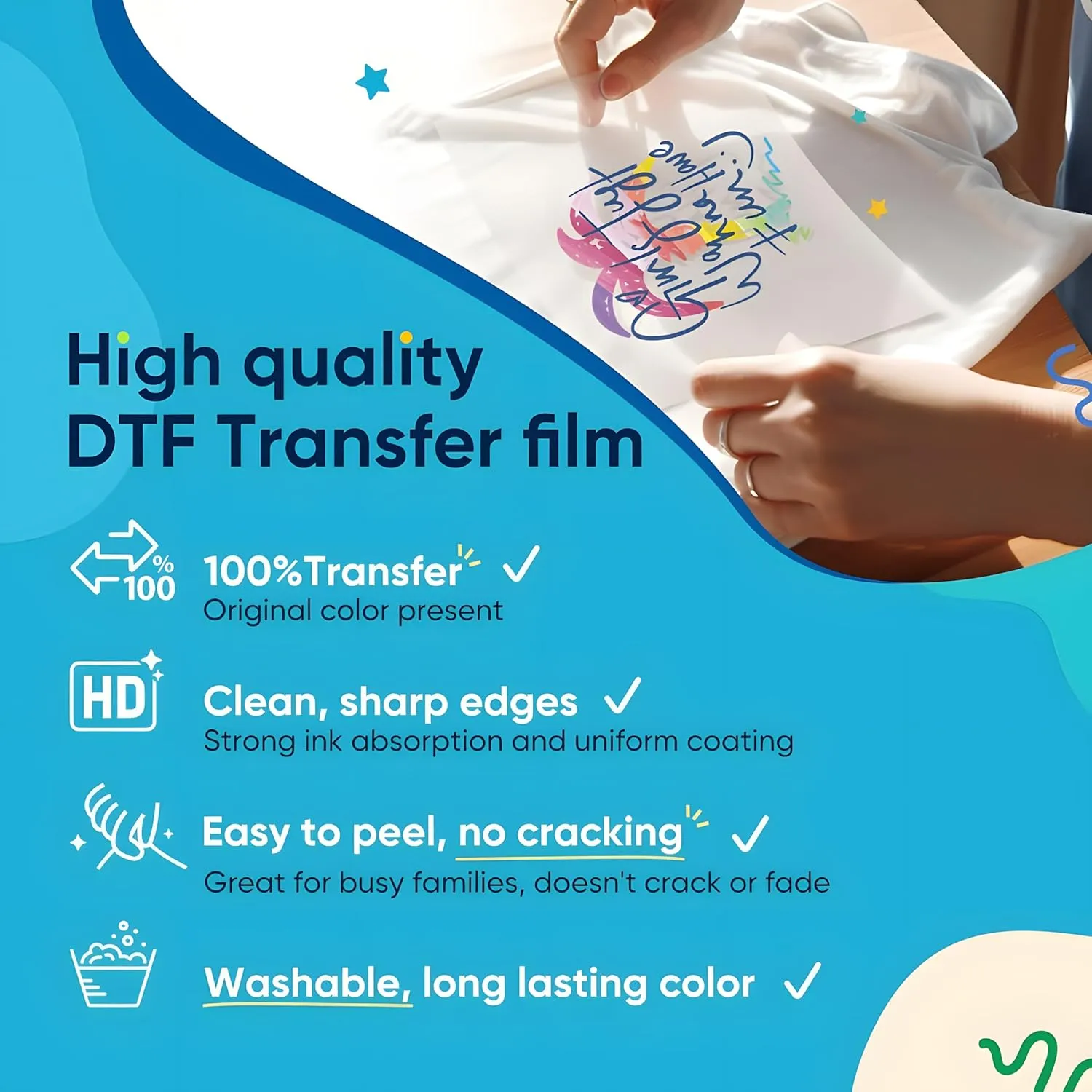 DTF Transfer Film - 11 x 17in, DTF Film - Glossy Finish, Cold Peel, Washable, High Ink Adhesion, DTF Paper - DTF Transfer Film Printer with Strong DTF Powder Adherence - DTF Transfer Paper, 25 Sheets