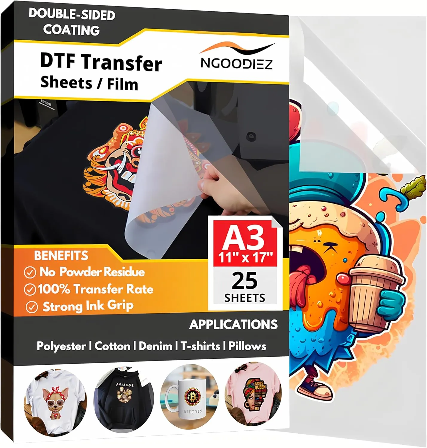 DTF Transfer Film - 11 x 17in, DTF Film - Glossy Finish, Cold Peel, Washable, High Ink Adhesion, DTF Paper - DTF Transfer Film Printer with Strong DTF Powder Adherence - DTF Transfer Paper, 25 Sheets