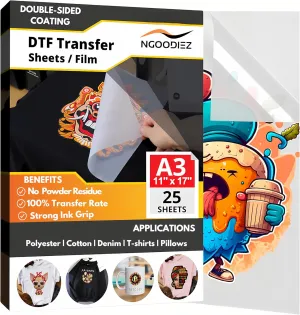 DTF Transfer Film - 11 x 17in, DTF Film - Glossy Finish, Cold Peel, Washable, High Ink Adhesion, DTF Paper - DTF Transfer Film Printer with Strong DTF Powder Adherence - DTF Transfer Paper, 25 Sheets