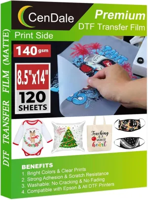 DTF Transfer Film 8.5"x14" - 120 Sheets Thick DTF Film for Sublimation Hack, Hot/Cold Peel DTF Paper, Double Sided Direct to Film Printing on T-Shirts, PET Paper Legal Size, 140gsm Matte