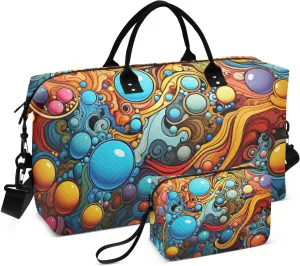 Duffel Bag Set for Travel Gym Sport, Weekender Bag Carry on Overnight Bags for Women Men-Abstract Circles Bubbles Print