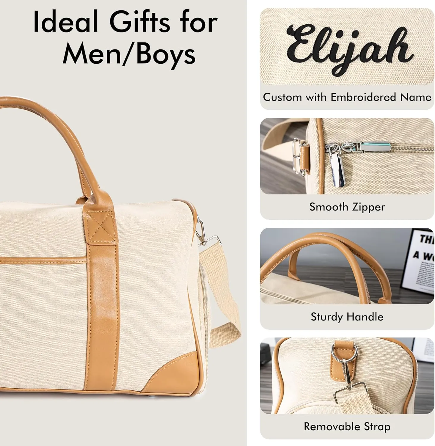 Duffle Bag for Men, Personalized Overnight Bags, Travel Bag with Leather Handle, Canvas Weekender Overnight Bag with Shoe Compartment, Custom Groomsmen Gift for Travel Camping Moving (Beige)