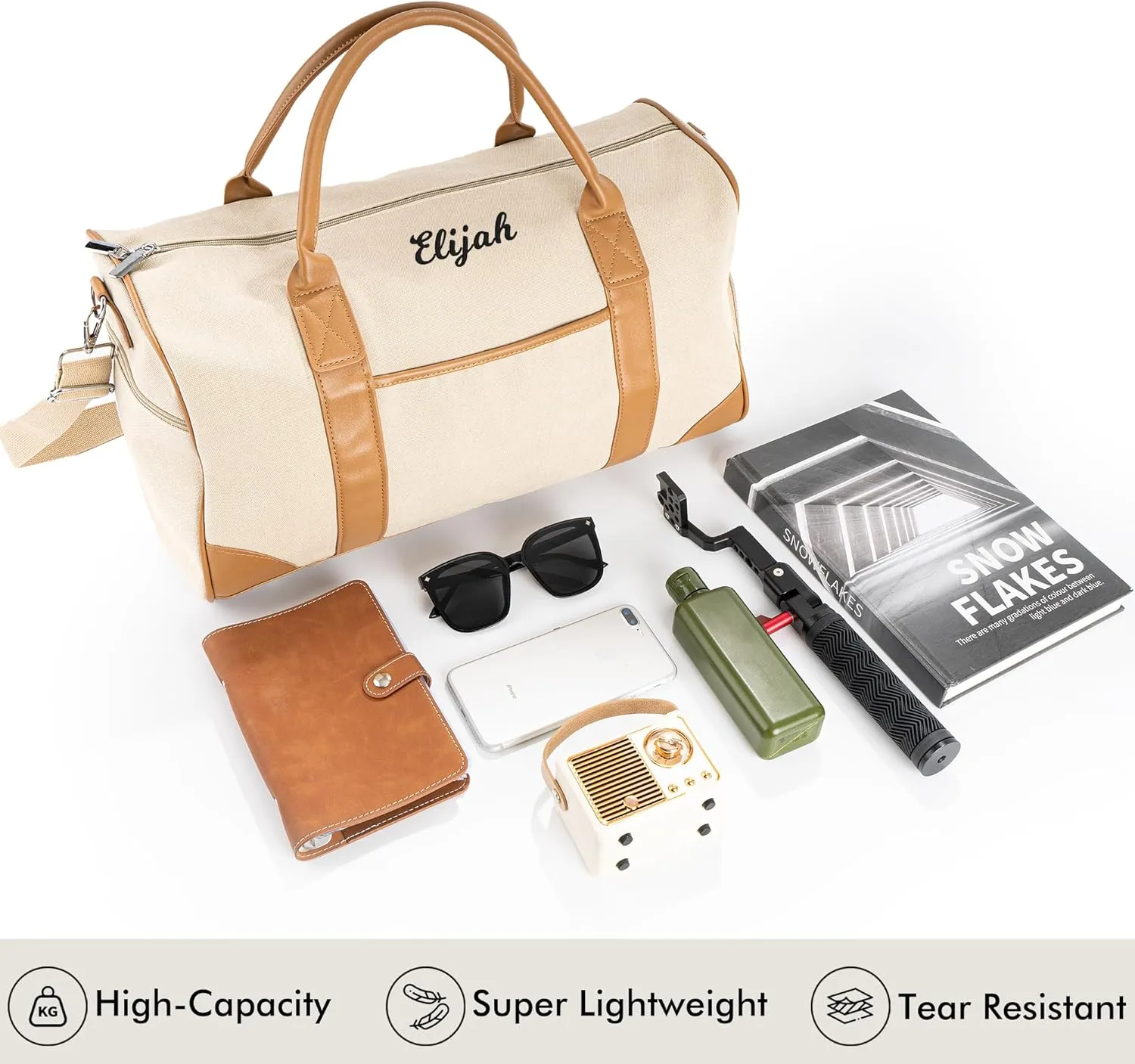 Duffle Bag for Men, Personalized Overnight Bags, Travel Bag with Leather Handle, Canvas Weekender Overnight Bag with Shoe Compartment, Custom Groomsmen Gift for Travel Camping Moving (Beige)