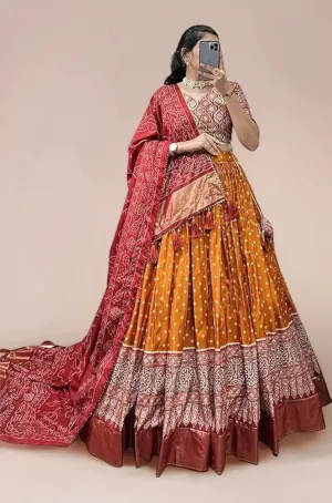 DWTSL - Women's Trending Designeer Tussar Silk Lehenga Choli Print with Foil Work With Unstitched Blouse Patola Print Adorned with Foil Work For Navrati || Wedding
