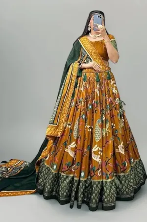 DWTSL - Women's Trending Designeer Tussar Silk Lehenga Choli Print with Foil Work With Unstitched Blouse Patola Print Adorned with Foil Work For Navrati || Wedding