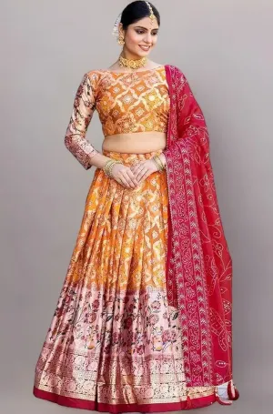 DWTSL - Women's Trending Designeer Tussar Silk Lehenga Choli Print with Foil Work With Unstitched Blouse Patola Print Adorned with Foil Work For Navrati || Wedding