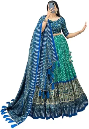 DWTSL - Women's Trending Designeer Tussar Silk Lehenga Choli Print with Foil Work With Unstitched Blouse Patola Print Adorned with Foil Work For Navrati || Wedding