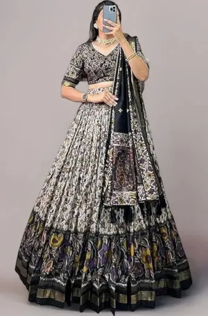 DWTSL - Women's Trending Designeer Tussar Silk Lehenga Choli Print with Foil Work With Unstitched Blouse Patola Print Adorned with Foil Work For Navrati || Wedding